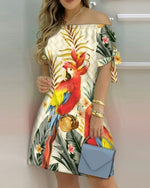 Women Off Shoulder Mini Dress Summer Sexy Short Sleeve Bow Tie Striped