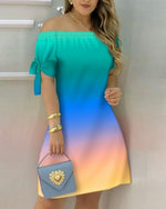 Women Off Shoulder Mini Dress Summer Sexy Short Sleeve Bow Tie Striped