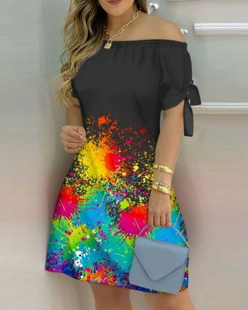 Women Off Shoulder Mini Dress Summer Sexy Short Sleeve Bow Tie Striped