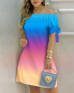 Women Off Shoulder Mini Dress Summer Sexy Short Sleeve Bow Tie Striped