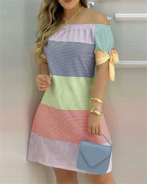 Women Off Shoulder Mini Dress Summer Sexy Short Sleeve Bow Tie Striped
