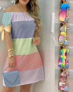 Women Off Shoulder Mini Dress Summer Sexy Short Sleeve Bow Tie Striped