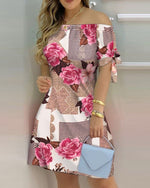 Women Off Shoulder Mini Dress Summer Sexy Short Sleeve Bow Tie Striped