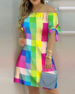 Women Off Shoulder Mini Dress Summer Sexy Short Sleeve Bow Tie Striped