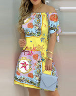 Women Off Shoulder Mini Dress Summer Sexy Short Sleeve Bow Tie Striped