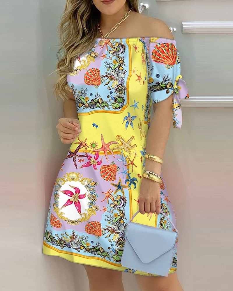 Women Off Shoulder Mini Dress Summer Sexy Short Sleeve Bow Tie Striped