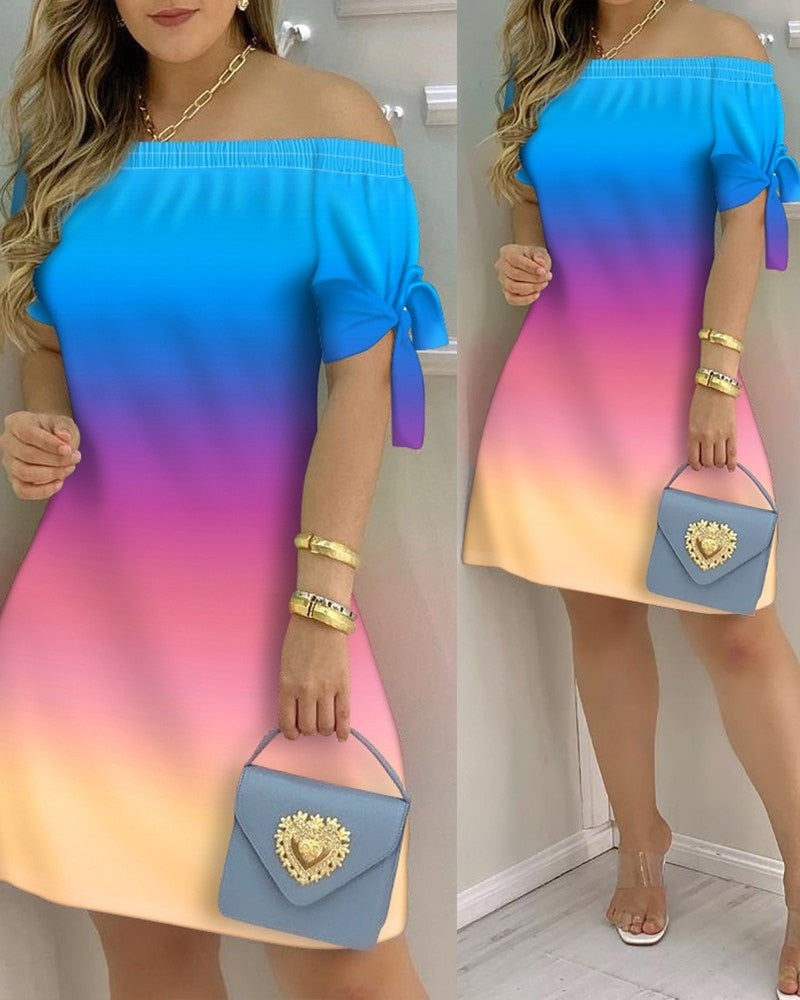 Women Off Shoulder Mini Dress Summer Sexy Short Sleeve Bow Tie Striped