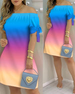 Women Off Shoulder Mini Dress Summer Sexy Short Sleeve Bow Tie Striped