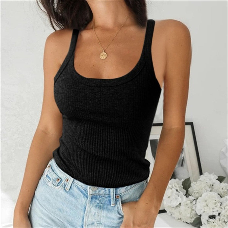 Women Sleeveless Spaghetti Vest High Quality Knitted Camis U Neck Tank