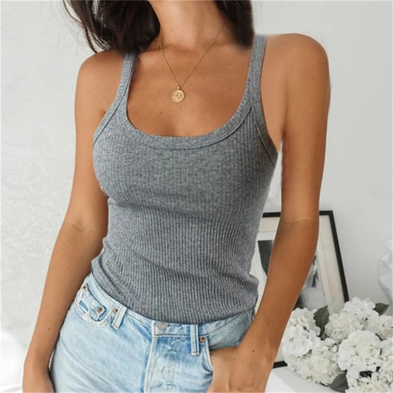 Women Sleeveless Spaghetti Vest High Quality Knitted Camis U Neck Tank