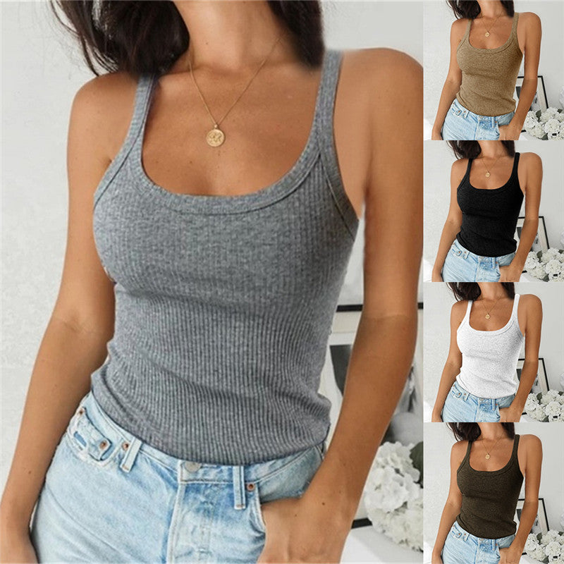 Women Sleeveless Spaghetti Vest High Quality Knitted Camis U Neck Tank