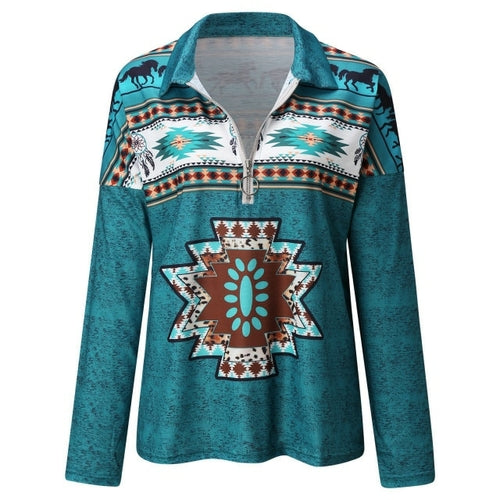 Women's Tops Autumn New Large Size T shirt V neck Zipper Aztec Ethnic