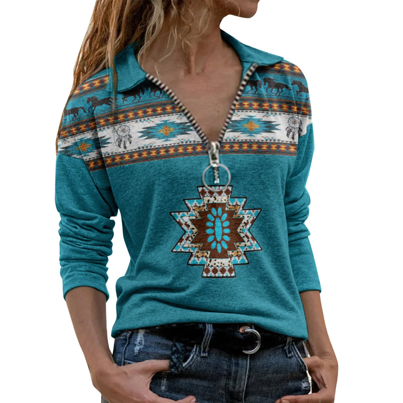 Women's Tops Autumn New Large Size T shirt V neck Zipper Aztec Ethnic