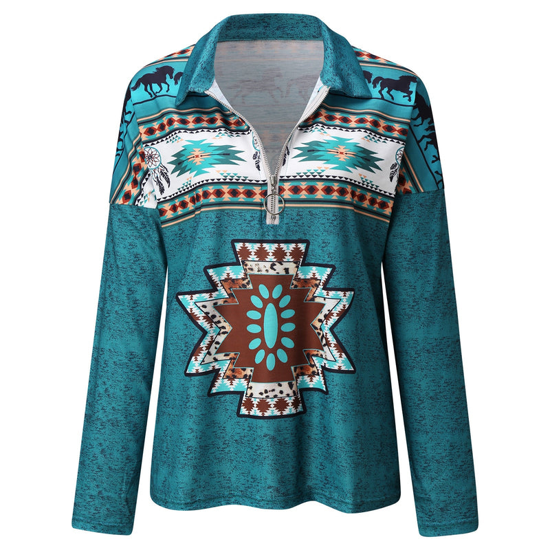 Women's Tops Autumn New Large Size T shirt V neck Zipper Aztec Ethnic
