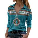 Women's Tops Autumn New Large Size T shirt V neck Zipper Aztec Ethnic
