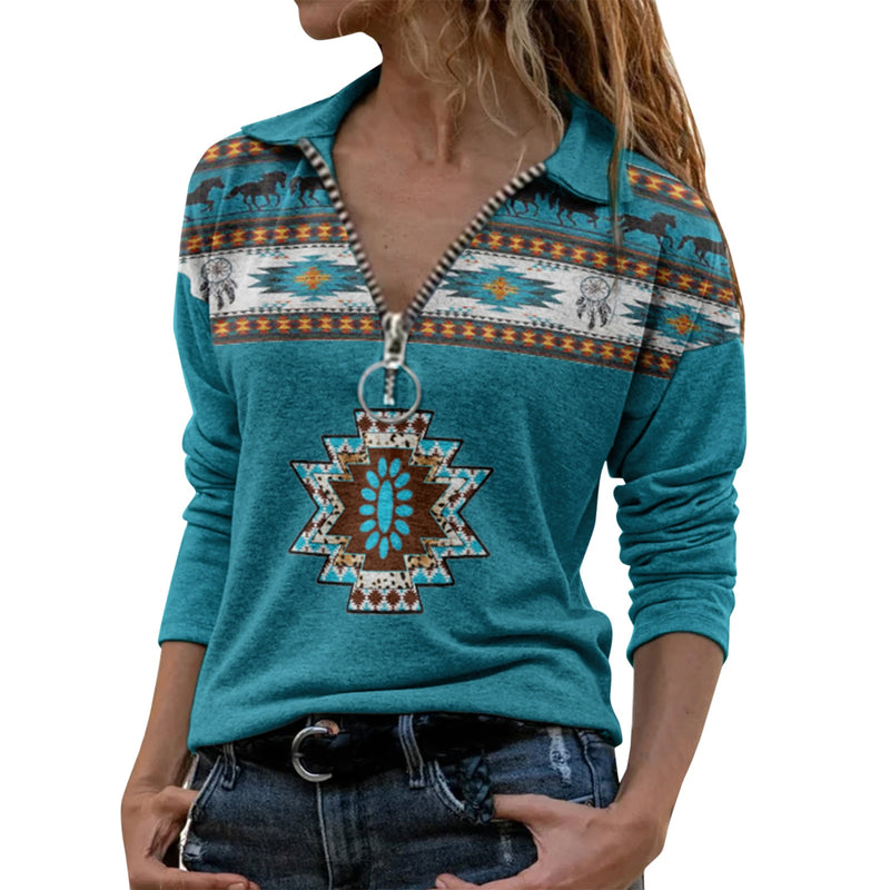 Women's Tops Autumn New Large Size T shirt V neck Zipper Aztec Ethnic