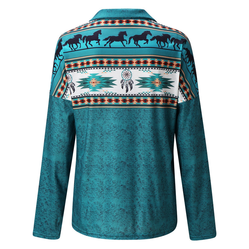 Women's Tops Autumn New Large Size T shirt V neck Zipper Aztec Ethnic